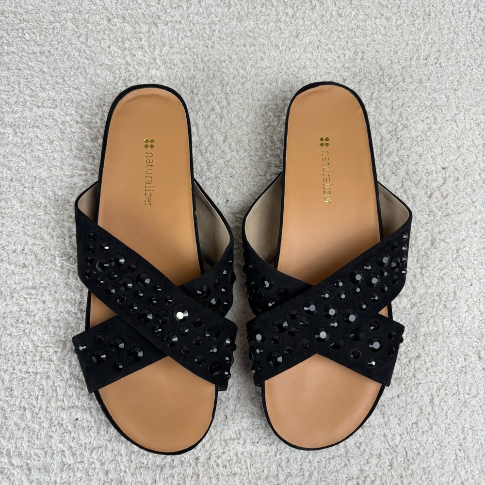 Naturalizer Sandals Womens 9M Black Embellished Casual Open Toe Fabric Slides